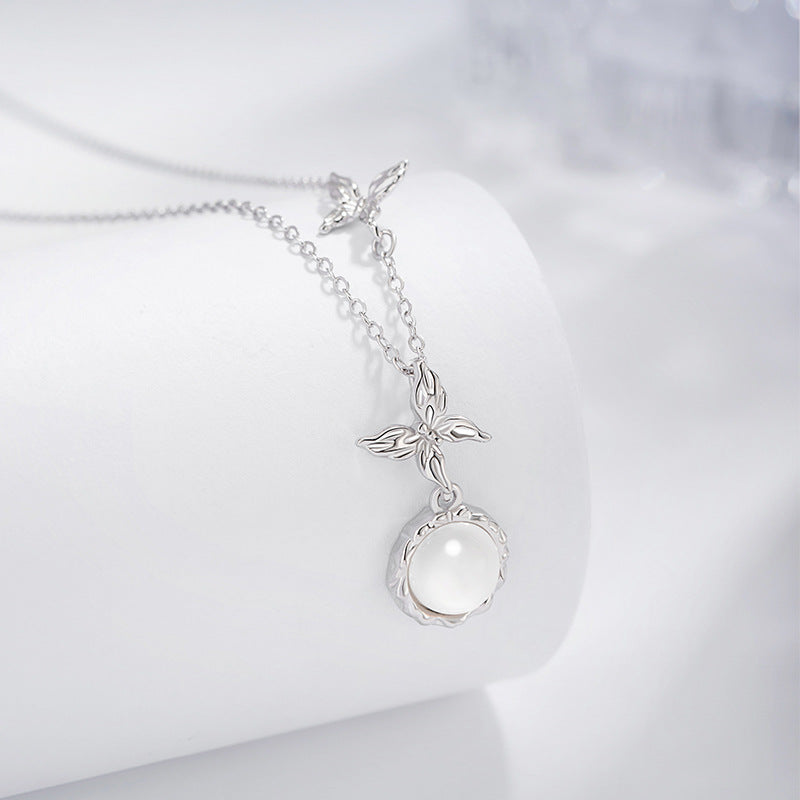 Butterfly Sterling Silver S925 Necklace Women's Simple Niche Personality Style Chalcedony Clavicle Chain Irregular Cold Style Pendant