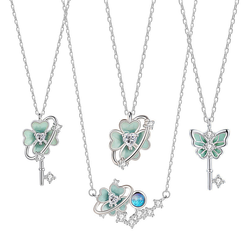 Niche Design Girl Style Silver S925 Sterling Silver Clover Necklace Female Mint Green Luminous Butterfly Clavicle Chain
