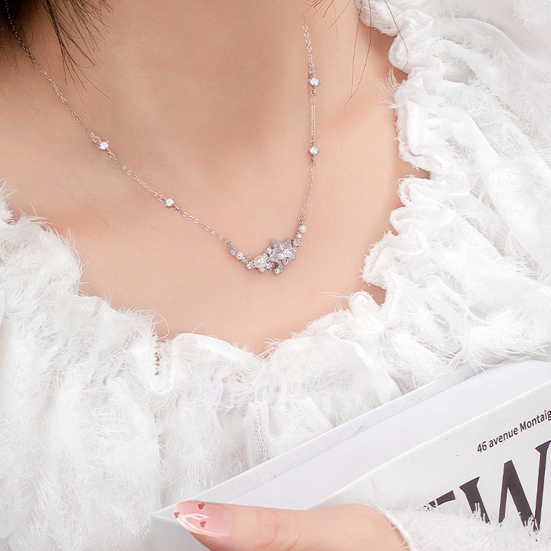 S925 Sterling Silver Star Pearl Necklace Light Luxury Niche High-Grade Versatile Temperament Clavicle Chain Silver Jewelry Gift Wholesale