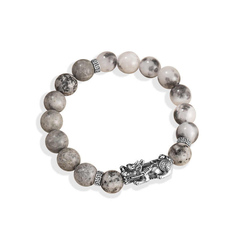Pure Silver 999 Bracelet New Chinese National Fashion Geographical Stone Six Words Proverb Bracelet High-Grade Persian Stone Bracelet