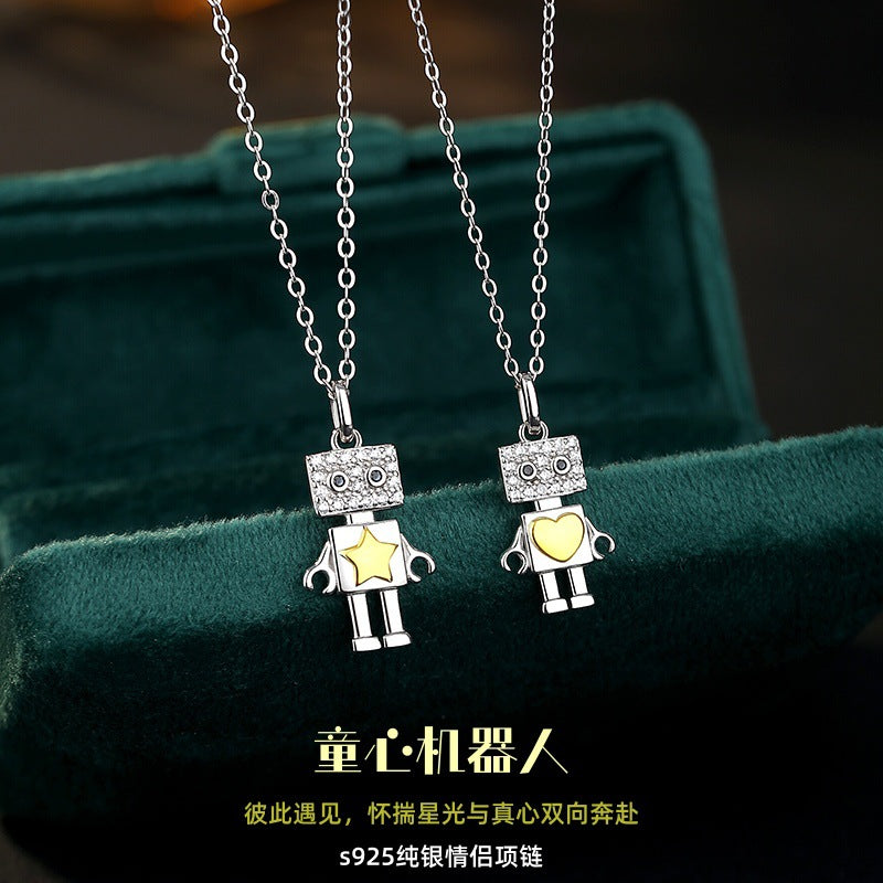 Children's Funny Robot S925 Sterling Silver Couple Necklace All-Match Niche Design Sense Clavicle Chain Student Party Personality Accessories