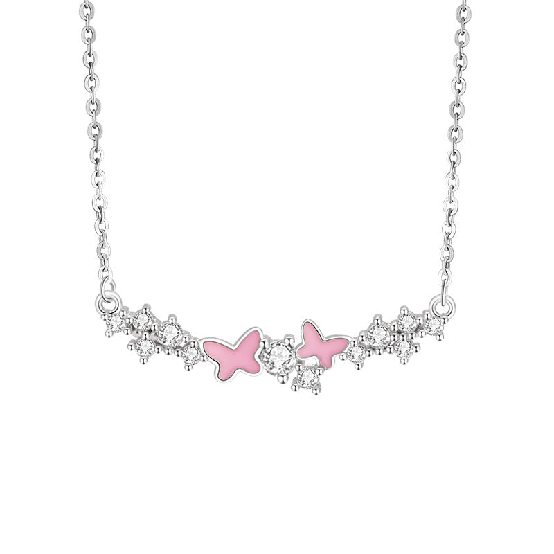 Butterfly Pure Silver 999 Luminous Necklace Female Niche Design Light Luxury Zircon Clavicle Chain Ins Style Star Pendant