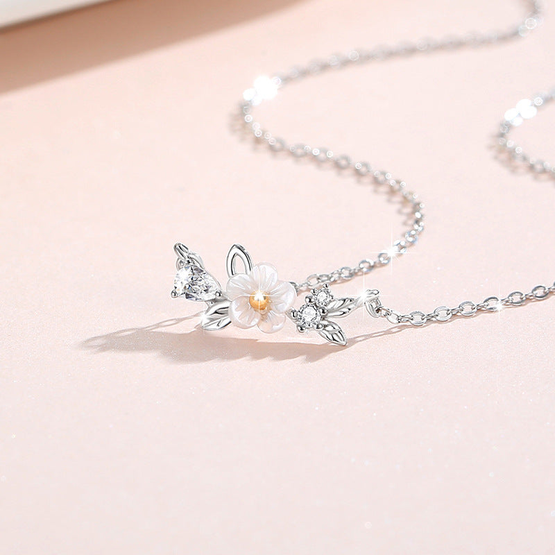 Cherry Blossom Sterling Silver 925 Necklace Women's Fashion All-Match Butterfly Zircon Clavicle Chain, INS Style Flower Pendant