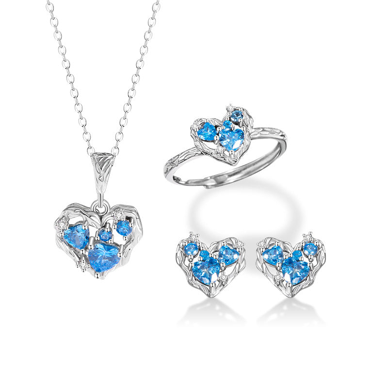 S925 Sterling Silver Ocean Heart Necklace Female Niche Zircon Clavicle Chain Ins Style Love Pendant Jewelry Set