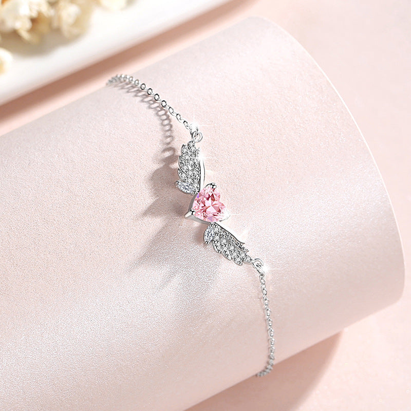 Angel Wings Sterling Silver 925 Bracelet Female Niche Design Light Luxury Zircon Clavicle Chain Valentine's Day Love Bracelet