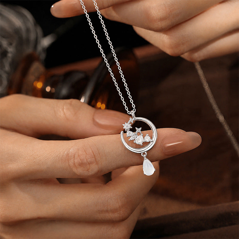 S925 Silver Necklace Water Drop White Agate Pendant Light Luxury High-Grade Star Moon Clavicle Chain Niche All-Match Girlfriend Gift