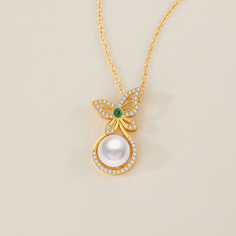 Butterfly Sterling Silver 925 Necklace Women's Light Luxury High-Grade Natural Freshwater Pearl Clavicle Chain Ins Style Chalcedony Pendant