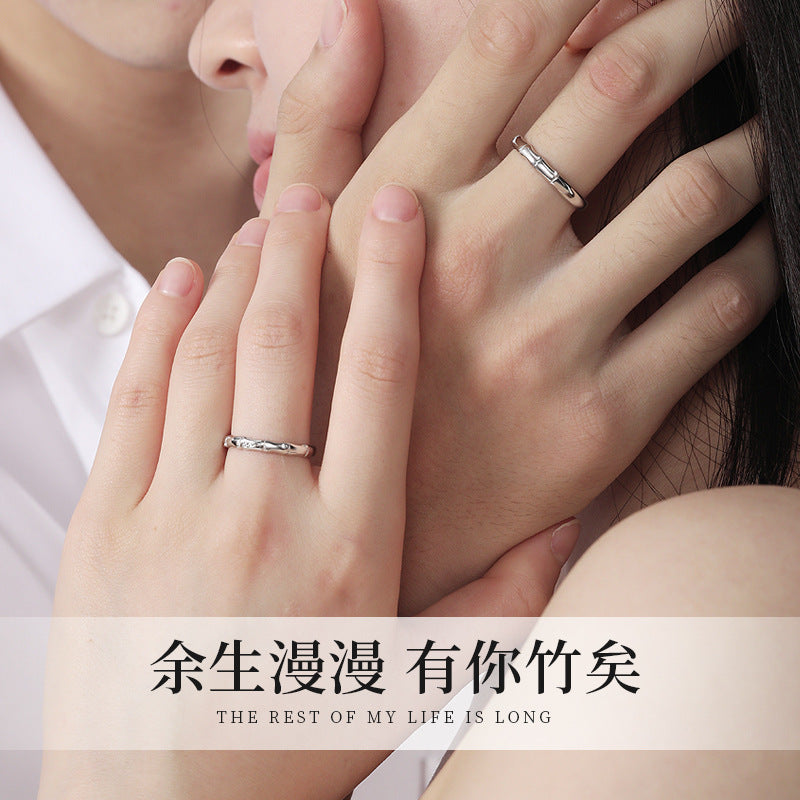Bamboo Joint Pure Silver 999 Couple Ring Niche Design Light Luxury Zircon Plain Ring Ins Style Valentine's Day Bamboo Ring