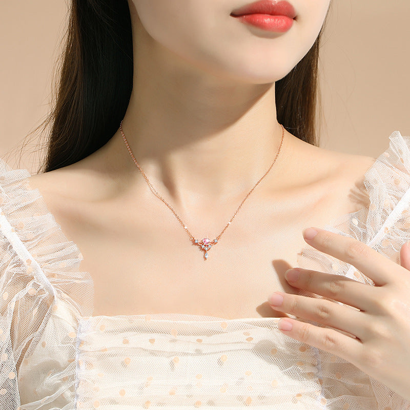 Lovely Sterling Silver 925 Necklace Female Niche Design Light Luxury Pink Diamond Clavicle Chain Get Things Ins Angel Wing Pendant