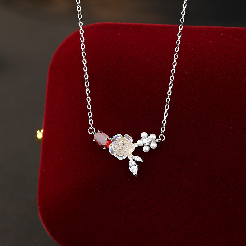 S925 Sterling Silver Necklace Female Magic Color Fritillary Rose Red Zircon Clavicle Chain High-Grade Gift for Girlfriend Girlfriend Female