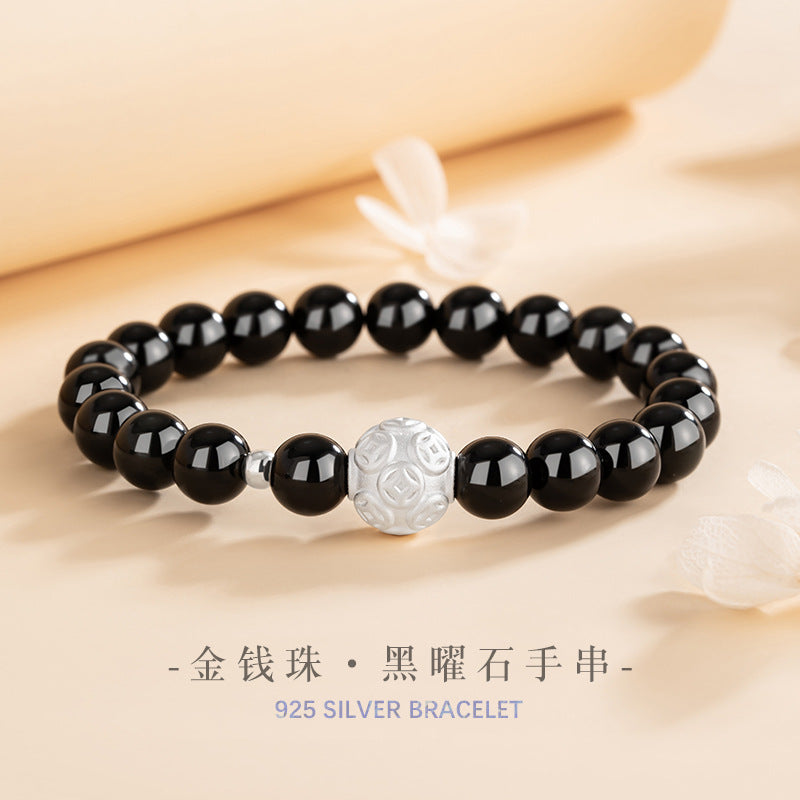 Copper Coin Sterling Silver 925 Bracelet New Chinese National Fashion Obsidian Lucky Beads Bracelet Light Luxury Little Red Book Same Bracelet