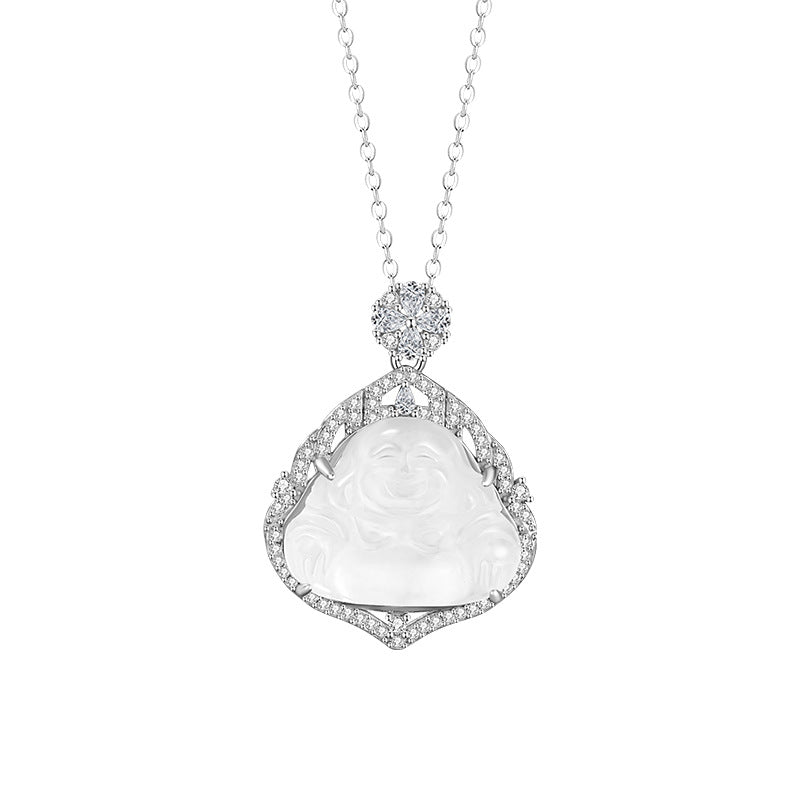 Maitreya Sterling Silver 925 Necklace Women's New Chinese National Fashion Natural Water Foam Jade Clavicle Chain Ins Style Buddha Pendant
