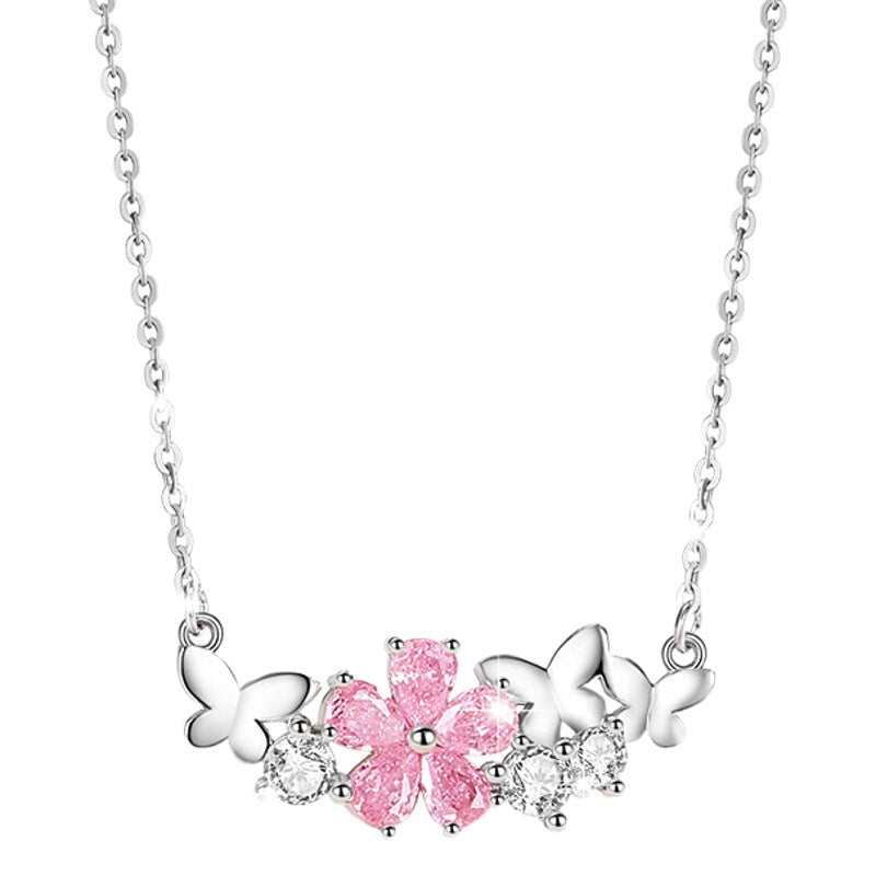 Cherry Blossom Sterling Silver 925 Necklace Female Niche Design Light Luxury Pink Diamond Clavicle Chain 520 Valentine's Day Butterfly Pendant