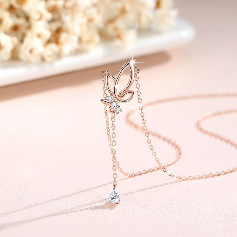 Butterfly Sterling Silver 925 Necklace Women's Fashion All-Match Zircon Clavicle Chain Valentine's Day Goods Ins Style Tassel Pendant