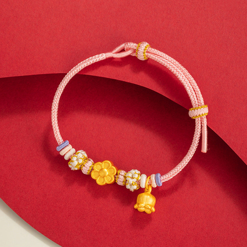 Peach Blossom Pure Silver 999 Bracelet Female New Chinese National Fashion Orchid Woven Bracelet Ins Style Peach Blossom Bracelet