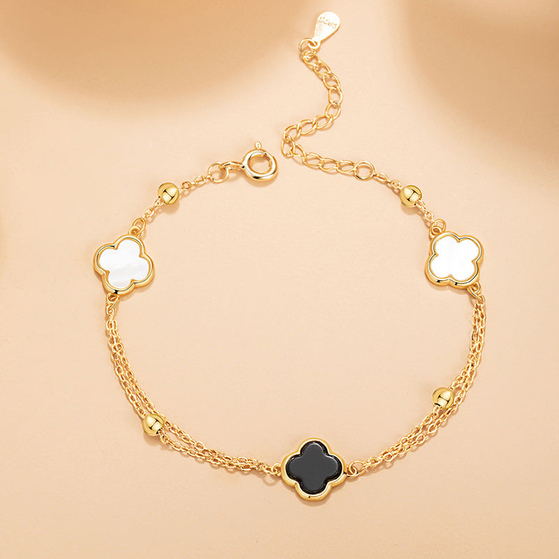 Lucky Clover Sterling Silver 925 Bracelet Female Niche Design Light Luxury Black Agate Bracelet Ins Style Flower Bracelet