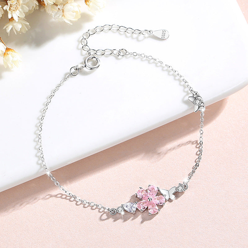 Cherry Blossom Sterling Silver 925 Bracelet Female Niche Design Light Luxury Pink Zircon Bracelet for Girls Ins Style Butterfly Bracelet