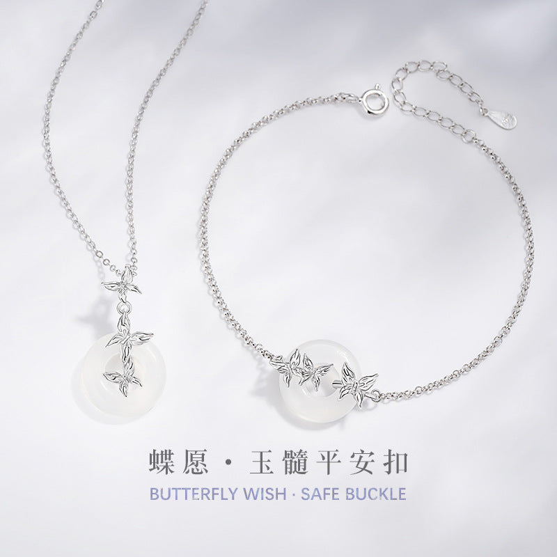 Butterfly Sterling Silver 925 Necklace Women's Light Luxury Individual Chalcedony Clavicle Chain Ins Cold Style Girlfriends Safety Buckle Pendant