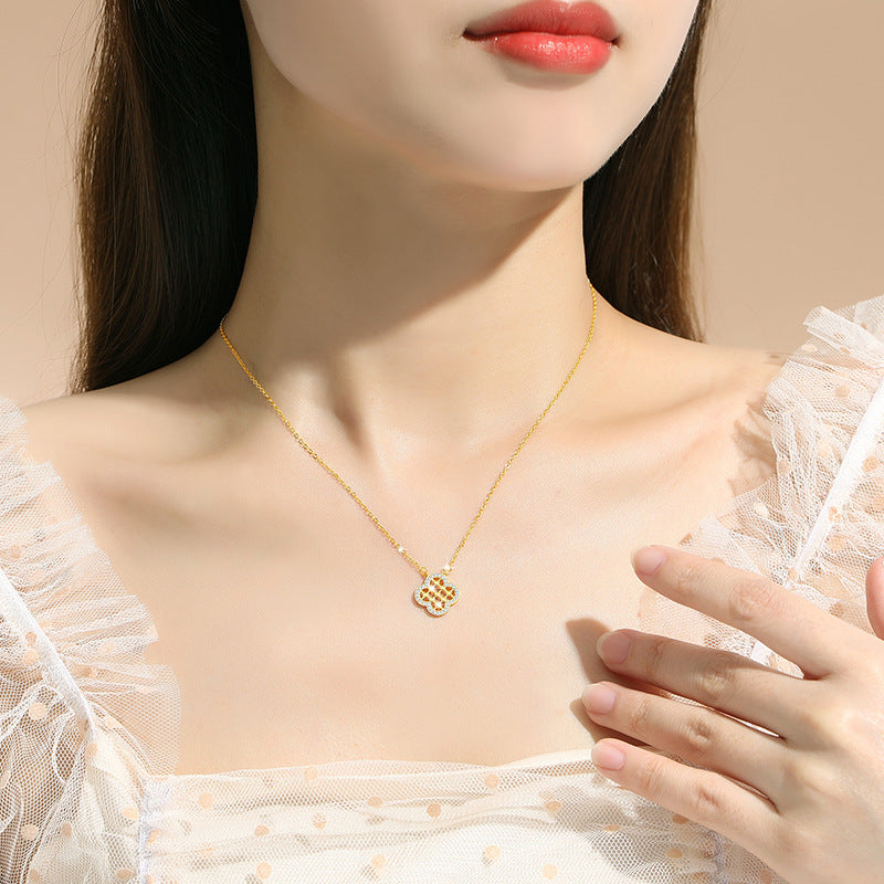 Lucky Clover Sterling Silver 925 Necklace Female Niche Design Light Luxury Zircon Clavicle Chain Ins Style Flower Pendant