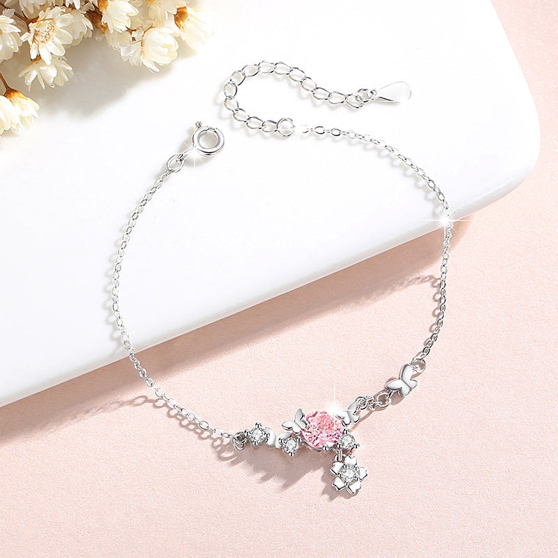 Sterling Silver Cherry Blossom and Butterfly Bracelet – Pink Zircon