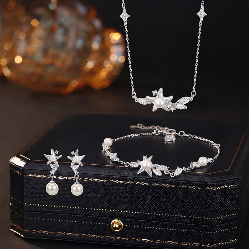 S925 Sterling Silver Necklace Bracelet Stud Earrings Beading Set Female Ocean Style Starfish Girl Birthday Gift Silver Jewelry Wholesale