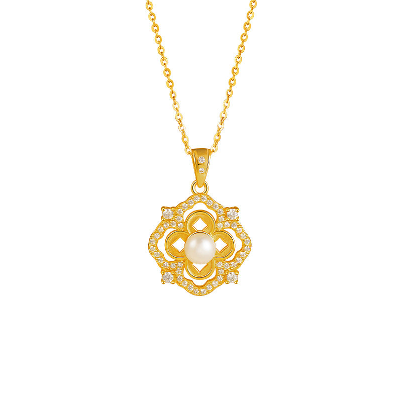 New Chinese Style Four-Leaf Lucky Pearl Necklace Female S925 Sterling Silver Gold Plated Ancient Gold Mother's Day Gift Silver Jewelry Wholesale