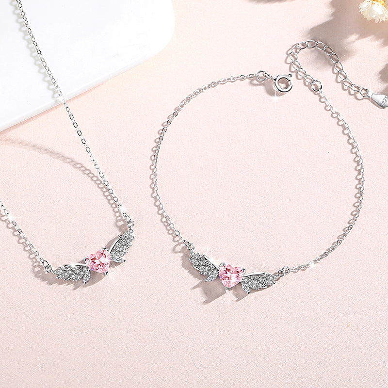 Angel Wings Sterling Silver 925 Necklace Women's Fashion Versatile Pink Zircon Clavicle Chain Valentine's Day Love Pendant