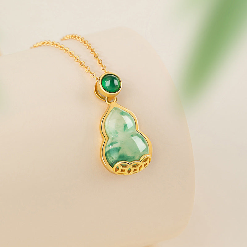 Fu Lu Double Full Sterling Silver 925 Necklace Women's National Fashion Natural African Emerald Copper Coin Clavicle Chain Ins Chalcedony Gourd Pendant