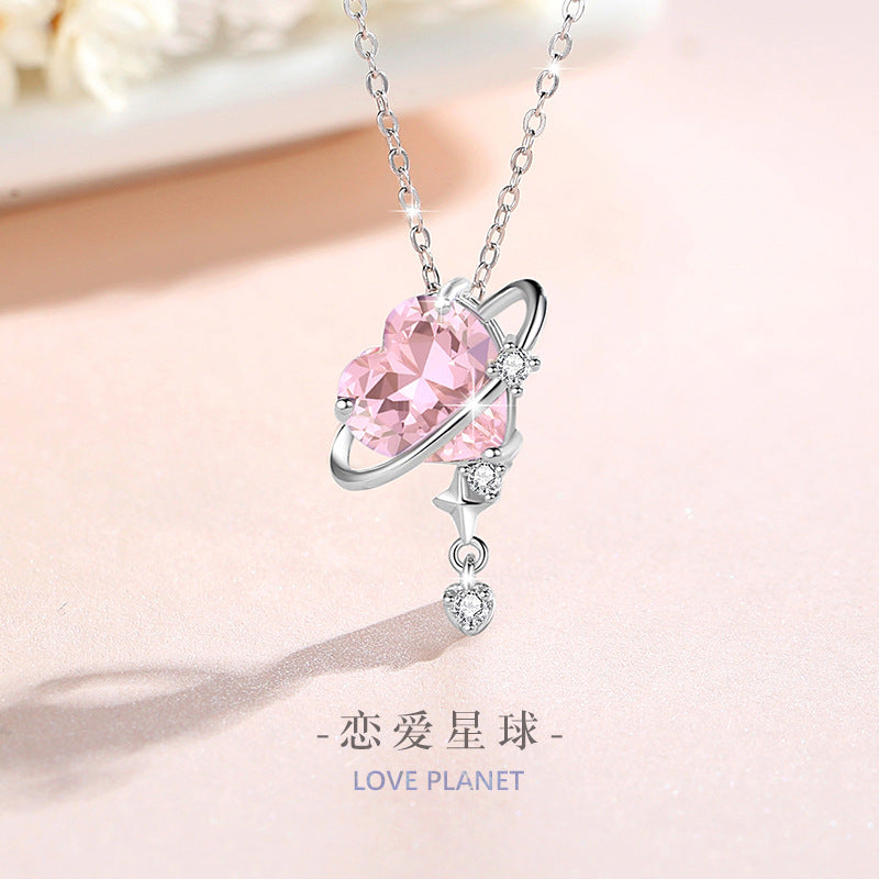 Lovely Sterling Silver 925 Necklace Female Niche Design Light Luxury Pink Zircon Clavicle Chain Get Things Ins Planet Pendant
