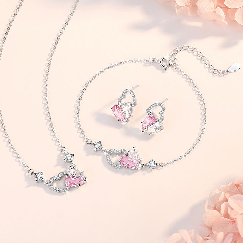 Lovely Sterling Silver 925 Bracelet Female Niche Design Light Luxury Pink Diamond Zircon Bracelet Ins Style Heart-to-Heart Printed Pendant