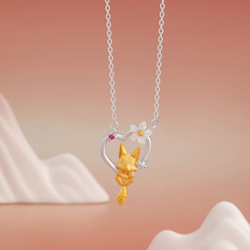 Fox Sterling Silver 925 Necklace Women's National Fashion New Year Love Clavicle Chain Ins Light Luxury Style Peach Blossom Fox Fairy Pendant