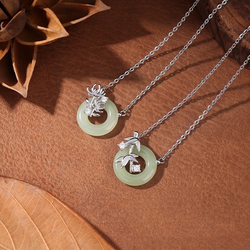 National Style Meilan Chrysanthemum Bamboo S925 Sterling Silver Hetian Jade Peace Buckle Necklace New Chinese Jade Pendant Niche Chain Clavicle