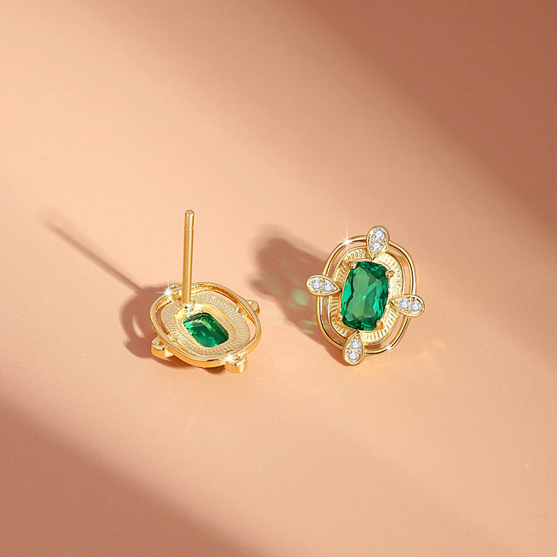 Square Sugar Sterling Silver 925 Stud Earrings Female Niche Design Light Luxury Emerald Zircon Earrings High-Grade Cross-Border Earrings