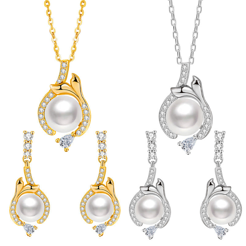 S92 Sterling Silver Fishtail Pearl Jewelry Set High-Grade Light Luxury Necklace Ear Hook Two-Piece Commuter Gift Silver Jewelry