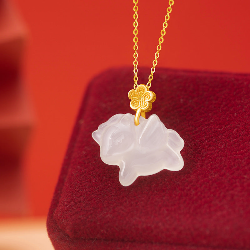 Immediately Rich Flower Sterling Silver 925 Necklace Female National Tide White Agate Birth Year Clavicle Chain Zodiac Horse Flower Pendant