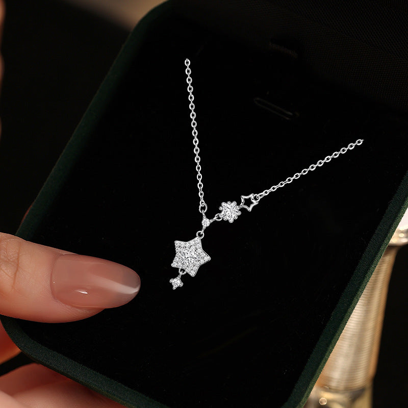 Star Sterling Silver S925 Necklace Women's Fashion All-Match Zircon Five-Pointed Star Clavicle Chain Ins Style Meteor Shower Pendant