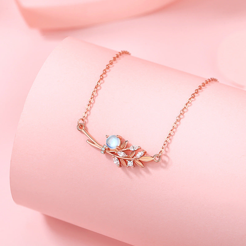 Golden Branch Jade Leaf Sterling Silver 925 Necklace Women's Niche Design Light Luxury Clavicle Chain Ins Style Zircon Branch Pendant