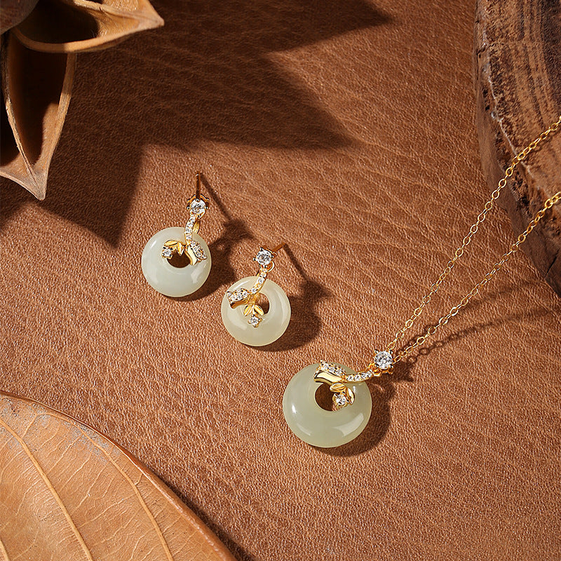National Style Hetian Jade Princess Buckle S925 Sterling Silver Necklace Earrings Light Luxury Niche High-Grade Retro New Chinese Style Suit