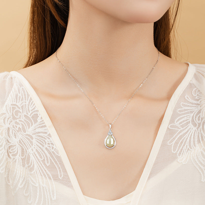 Dripping Silver 925 Necklace Light Luxury High-Grade Hetian Jade Clavicle Chain Mother's Day Gift Water Drop Pendant