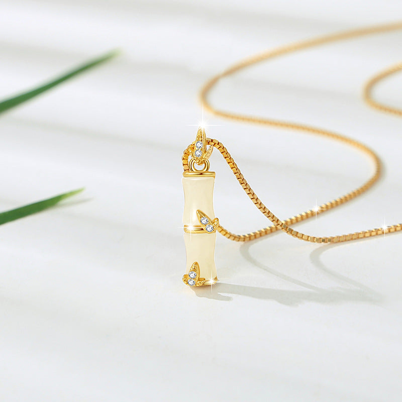 Festival High-Rise Hetian Jade Sterling Silver 925 Necklace National Fashion Ethnic Style Bamboo Clavicle Chain Ins Bamboo Zircon Pendant