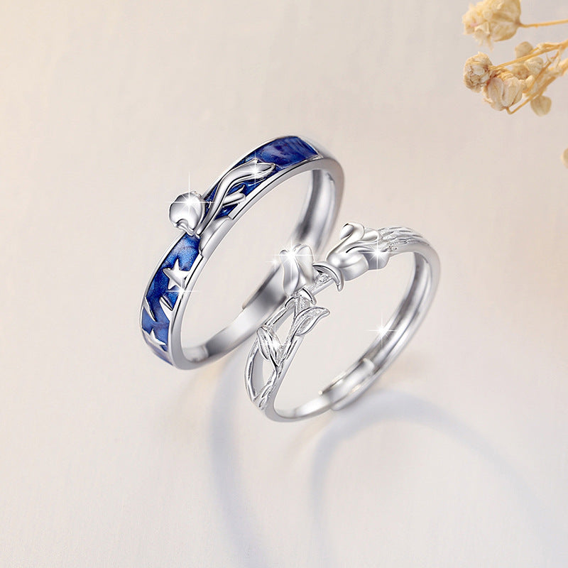 Little Prince and Rose Sterling Silver 925 Couple Ring Men and Women Fashion All-Match Ring Ins Style Star Ring