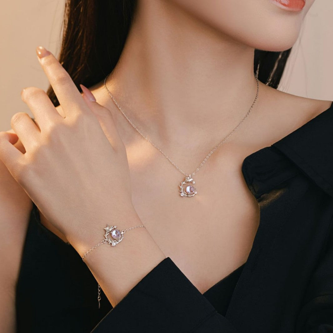 Blue Eucalyptus and Bird Sterling Silver 925 Necklace Women's Light Luxury High-Grade Glazed Stone Clavicle Chain Ins Valentine's Day Gift Pendant