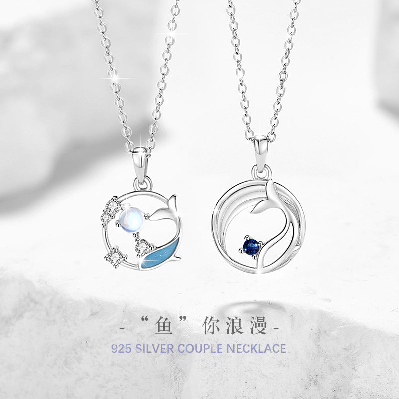 Whale Has You Sterling Silver 925 Couple Necklace, INS Glazed Stone Clavicle Chain 520 Valentine's Day Fishtail Pendant