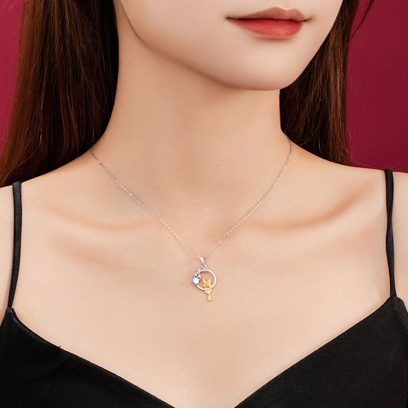 Fox Sterling Silver 925 Necklace Women's National Fashion New Year Flower Glass Stone Clavicle Chain Ins Style Fox Fairy Pendant