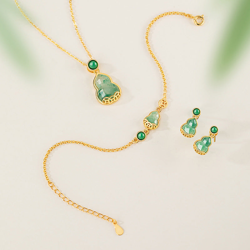 Fu Lu Double Full Sterling Silver 925 Necklace Women's National Fashion Natural African Emerald Copper Coin Clavicle Chain Ins Chalcedony Gourd Pendant