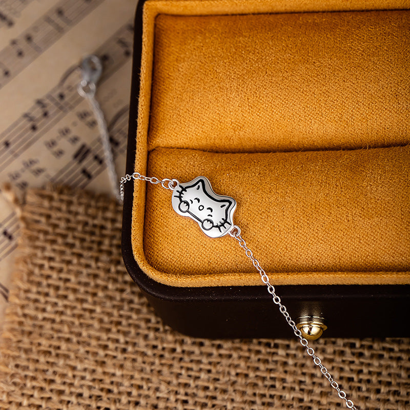 S925 Sterling Silver Hand-Painted Cat Couple Bracelet Niche Design Adjustable Ins Style Bracelet Boys and Girls Style