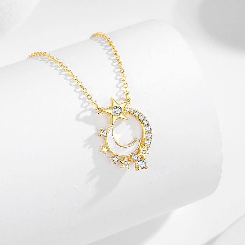 Moon Sterling Silver 925 Necklace Female Niche Design Light Luxury White Fritillary Clavicle Chain Ins Style Star Zircon Pendant