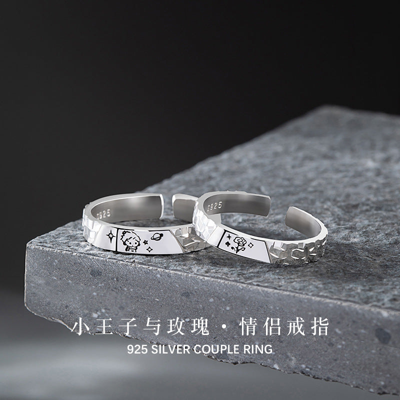 Little Prince and Rose Sterling Silver 925 Couple Ring Light Luxury High-Grade Star Ring Ins Broken Ice Ring
