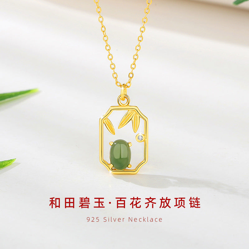 Baihuaqi Sterling Silver 925 Hetian Jasper Necklace Women's National Fashion Classical Style Four Seasons Clavicle Chain Ins Flower Pendant
