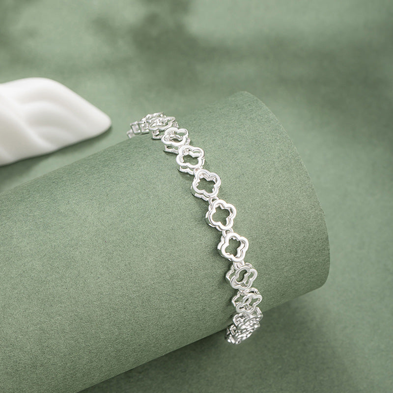 Lucky Clover Pure Silver 999 Bracelet New Chinese National Fashion Flower Bracelet Ins Style Light Luxury Peach Blossom Bracelet
